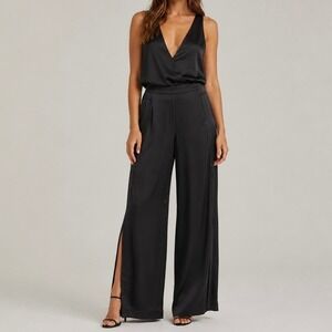 St John Evening Marie Black Satin Silk Wide Leg High Slit Pants Trousers Size 8